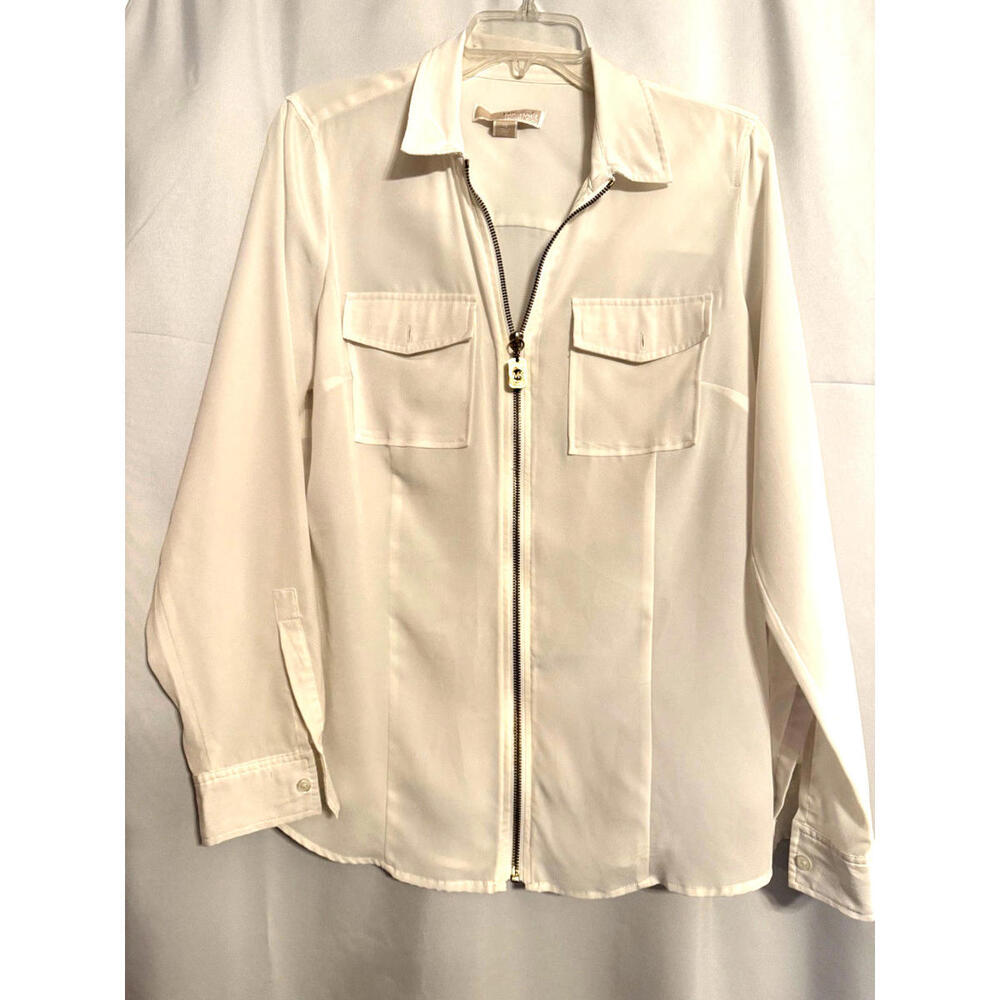 Michael Kors Women's M White Blouse Full Zip Long Roll-up Sleeve Dress Shirt Top